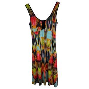 Salaam Women's Size L Black Colorful Abstract Sleeveless Jersey A-Line Dress